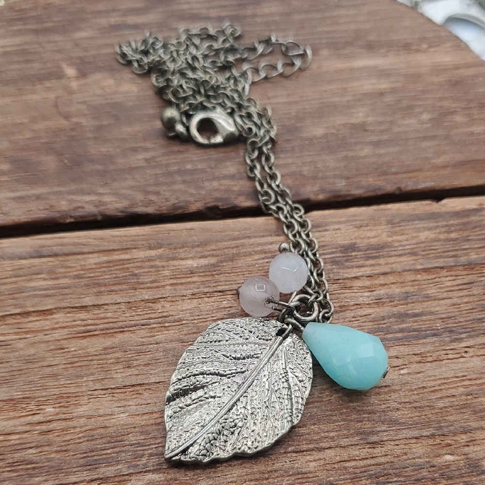 Delicate Leaf Necklace with Aqua and Rose Beads - Women Jewelry 20 Inch N3930